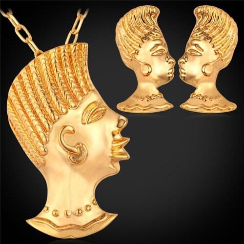Africa Vintage Beauty Head Jewelry Stud Earrings And Pendant Necklace Set For Woman Gold/Silver Color African Jewelry Set PE1154