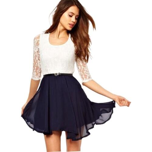 2021 New Women Summer Dress Stitching Blue Slim Lace Europe And America Dresses With Belt Female Dresses Vestidos XL DC156