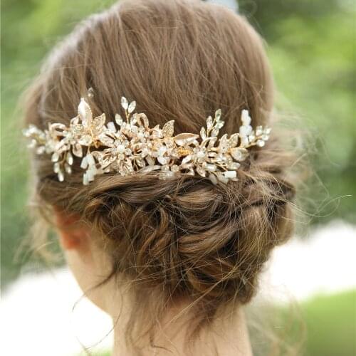 Gold Color Flower Pearl Rhinestone Hair Comb Hair Accessories For Women Handmade Wedding Hair Jewelry Headband Bride Accesories