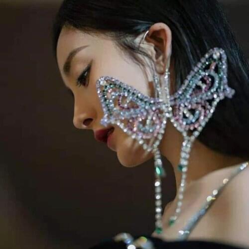 1 PC Big Butterfly Earrings For Women Exaggerated Colorful Rhinestone Ear Hook Drop Luxury Crystal Tassel Dangle Jewelr