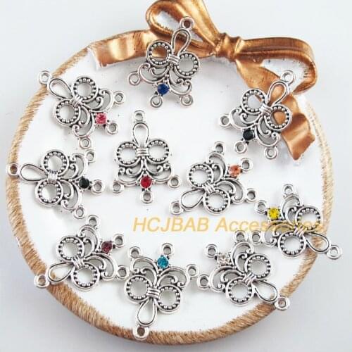 10Pcs Tibetan Silver Tone Retro Flower Mixed Crystal Charms Connectors 21.5x29mm