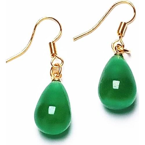 14k Yellow Gold Plated Green Jade Water Drop Dropping Necklace Hook Earring