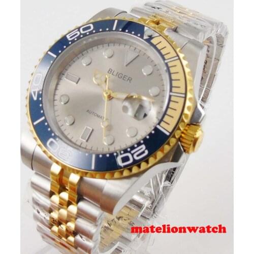 40mm BLIGER Golden Miyota8215 Automatic Movement Mens Watch gray dial sapphire glass Date ceramic bezel jubilee bracelet