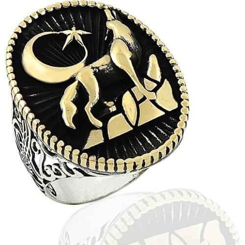 925 Silver Nationalist English Men Ring Moon and Wolf Printed