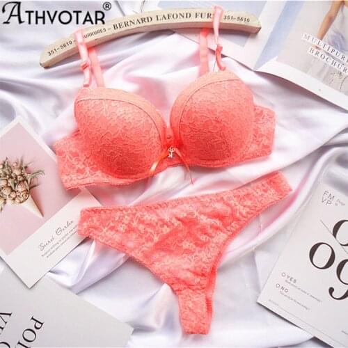 ATHVOTAR Plus Size Underwear Suits Lace Push Up Bralette Lady Sexy Set Underwire Bra B C D E Cup Lingerie G-String