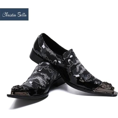 Christia Bella Fashion Printing Genuine Leather Men Business Shoes Plus Size Slip On Metal Pointed Toe Formal Dress Men Shoes