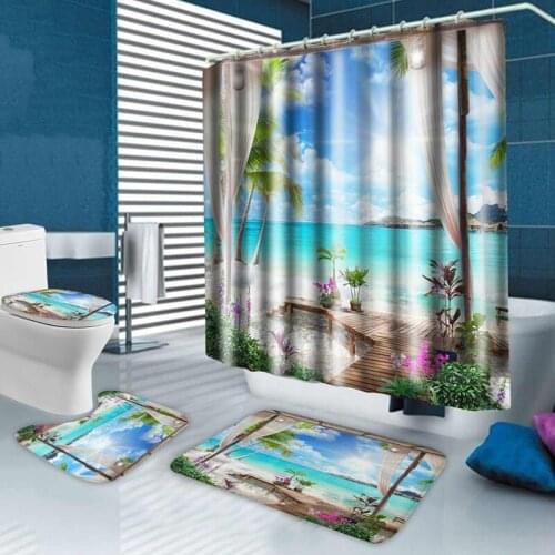 HGHO 3D Sunny Beach Printed Shower Curtain Set Sea Scenery Bath Screen Waterproof Bathroom Curtains Non Slip Bath Mat Rug
