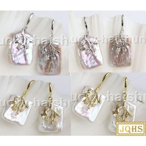 JQHS AAA natural luster 19X25mm oblong white purple Reborn keshi freshwater pearls Earrings hook j12481-2
