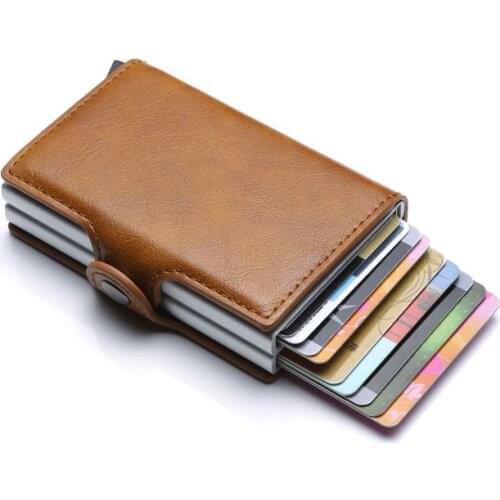2020 New Arrival Business Credit Card Holder Metal RFID Double Aluminium Card Box PU Leather Wallet Vintage Unisex Hasp Purse