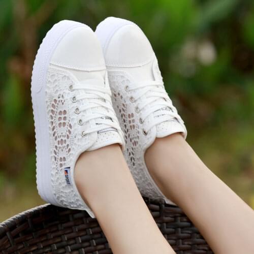 2021 Sneakers Lace Up Fashion Summer Casual White Shoes Cutouts Lace Canvas Hollow Breathable Platform Flats Zapatos Mujer