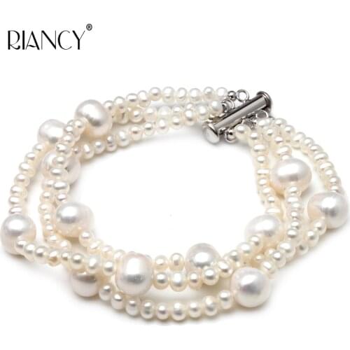 Fashion White Natural Freshwater Fancy Three rows pearl Bracelets& Pearl Chain For Women Jewelry