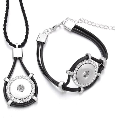 New Black Leather Snap Jewelry Set Crystal 18mm Snap Necklace & 18mm Snap Bracelet for Women DIY Snap Button Pendant Necklace
