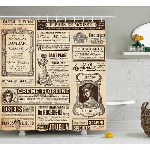 Paris Shower Curtain Vintage Old Historic Newspaper Journal French Paper Lettering Art Wall Decoration Hanging Curtains