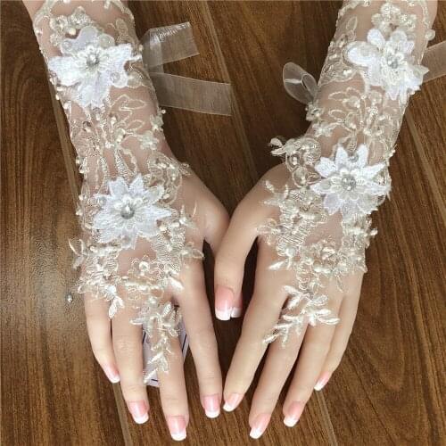 Bridal Gloves, Diamond Hollow Embroidered Lace Gloves