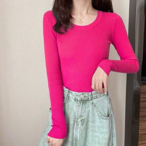 2021 New Arrival Solid Color O-neck Long Sleeve Knit Sweater Stretchy Basic Pullover Spring Autumn Classic Knitwear Jumper