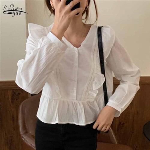 Korean Style Women Ruffle Stitching Long Sleeve Blouse Sweet and Cute V-neck Solid Button Shirt Blusas Mujer De Moda 2021 11666
