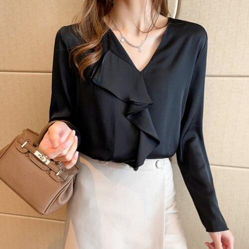 Spring Chiffon Ruffle Blouse Women Fashion V-neck Long Sleeve Top Solid Color Shirts Blouses Blusas