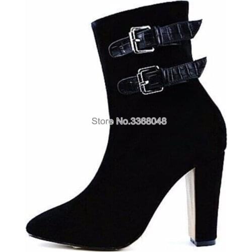 Black Color Buckle Decoration Women Boots Round Toe Square Heel Women Shoes Well Matched Clothes Elegant Style High Heel Shoes