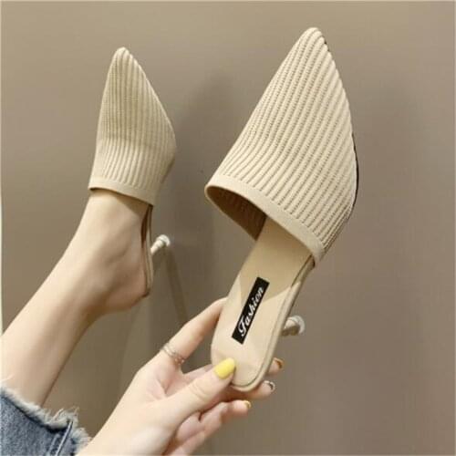 New Knitting Pointed Slipper Fashion Women Half Slippers Slides High-Heeled Stilettos off white Mules Loafers Casual Slipper