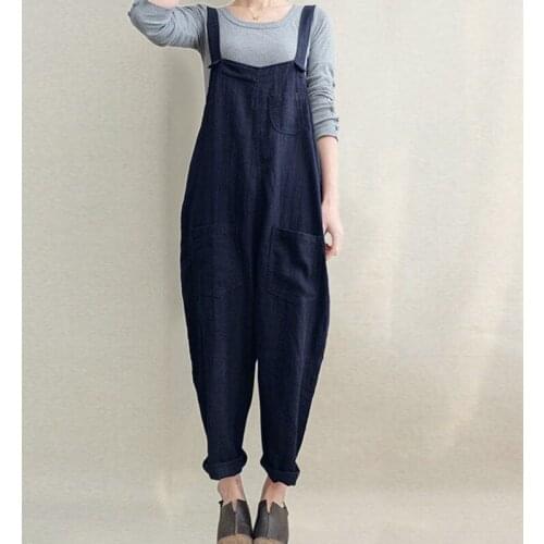 2019 Womens Cotton Linen Jumpsuit Overalls Woman Casual Baggy Jumpsuits Female Long Trouser With Pockets Harem Pant Pantalon