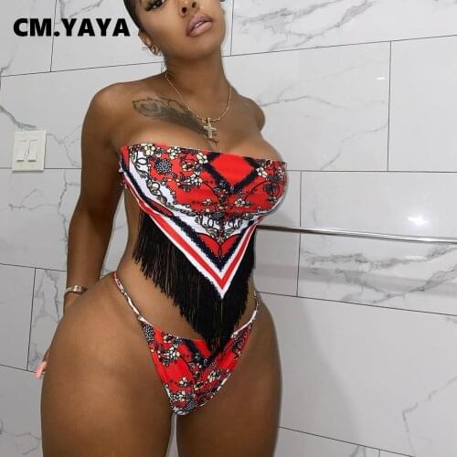 CM.YAYA Women Floral Paisley Print Bikinis Set Tassel Splicing Crop Tops and Panties Matching Two Piece Set Beach Sexy Swimsuit