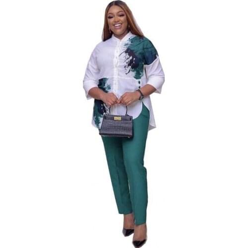 2021 Spring/summer New Womens Casual Suit Long Sleeve Top + Casual Pants 2 Suit African Fashion Print Split Large Suit