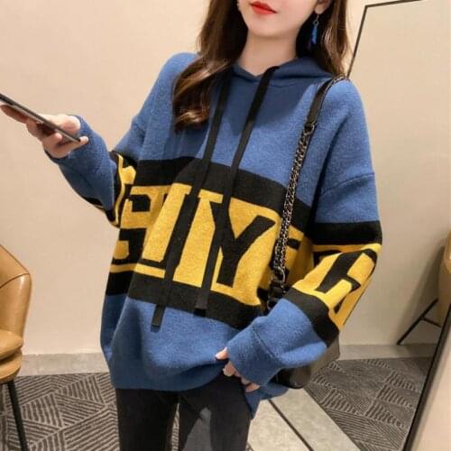 Knitted Hooded Pullover Sweater Women Autumn Spring Fashion Korean Loose Hooded Coat Women Letter Striped Jersey Oversize Mujer