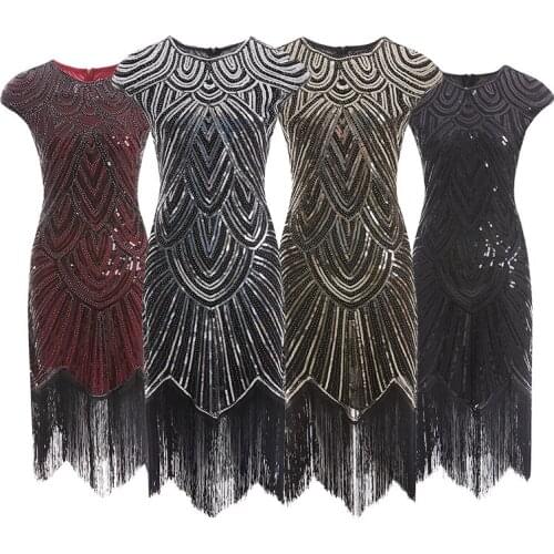 Robe Femme 20s 1920s Sequined Embellished Tassels Hem Flapper Dress Art Deco Retro Women Party cosplay