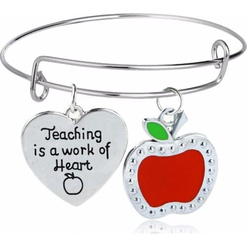 12PC/Lot Fashion Apple Charm Teaching Is A Work Of Heart Teacher Bangle Teachers Bracelet School Party Jewelry Wristband Gifts
