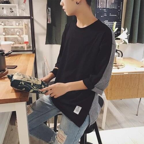 2021 Summer Short-sleeved Mens Loose Wild Stitching Half-sleeved T-shirt Couple Striped Five-point Sleeve Fashion Top Harajuku