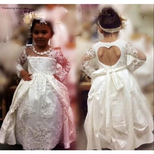 White Lovely Cute Flower Girls Dresses Princess Appliqued Long Sleeves Toddler Pretty Kids Formal First Holy Communion Gowns