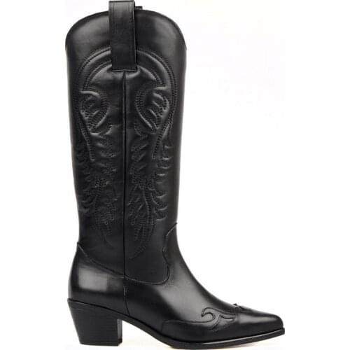FootCourt- Black Cowboy Boots Knee High Boots Autumn Winter Women Boots Genuine Leather Made in Turkey Handmade Women Shoes