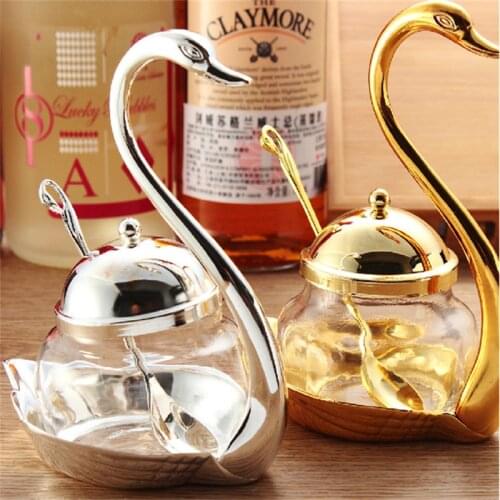 Zinc Alloy Seasoning Bottle Swan Design Sugar Salt Coffee Storage Tanks with Spoon Pepper Storage Container Kitchen Spice Pots