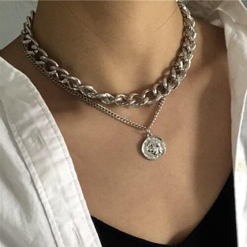 DIEZI Hip Hop Vintage Clavicle Chain Necklace 2020 New Carved Coin Human Head Pendant Collar Choker Necklaces for Women Jewelry