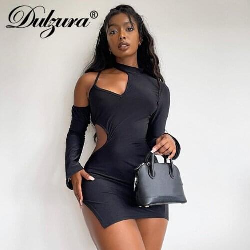 Dulzura 2021 Autumn Winter Women Black Long Sleeve Hollow Out Mini Dress Bodycon Sexy Streetwear Party Night Club Festival