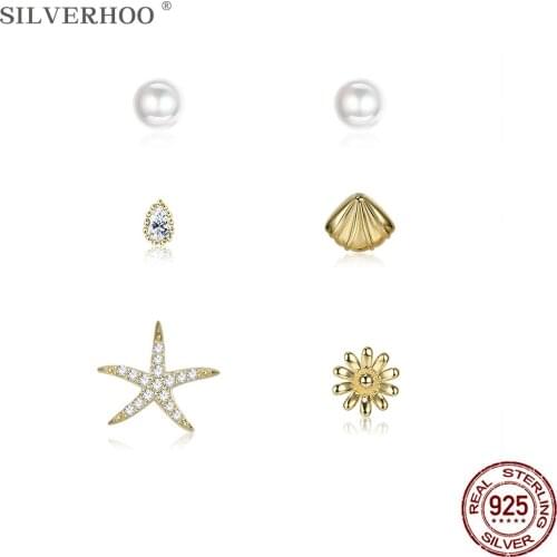 SILVERHOO 925 Sterling Silver Jewelry Shell Pearl Stud Earrings For Women Trendy Water Drop Shell & Sea Star Flower Earring Set