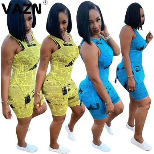 VAZN Summer sexy lady 2 colors casual skinny 2-piece short set sleeveless O-neck side vent waistcoat tops shorts set letter set