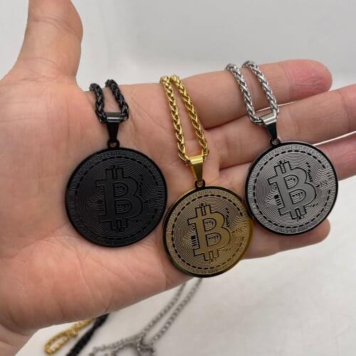Fashion Titanium steel Cool Gold Black Silver 3 Colors BTC Bitcoin Shape Metal Pendant Necklaces For Men Women Jewelry Gift