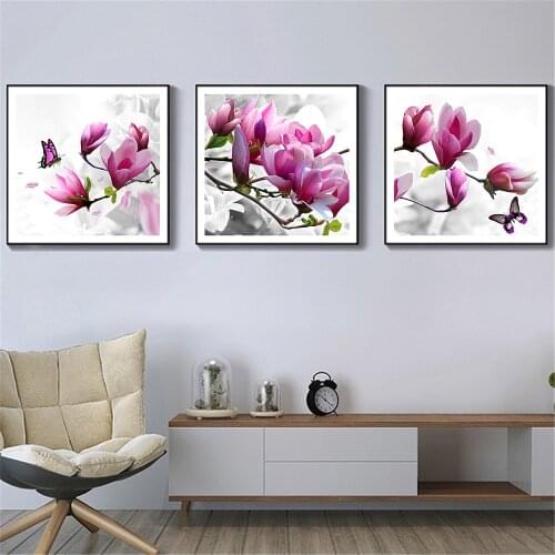 3 Panel Wall Art Flower Painting Modular Picture Butterfly Canvas Pink Posters Living Room Decor Art Print Home Kitchen Decor