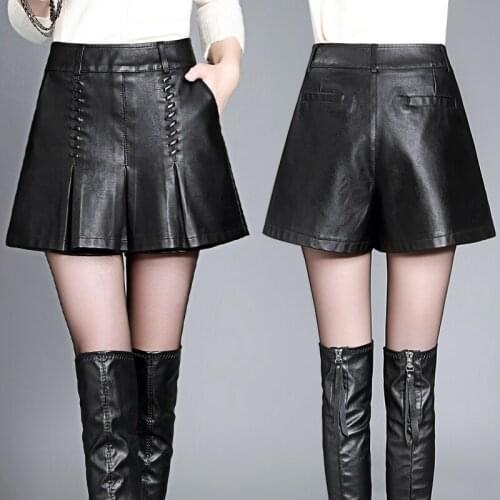 2018 New Outerwear a word wide leg shorts boots high waist thin autumn and winter PU leather shorts skirt