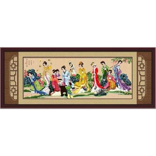 Romantic Oriental Landscape Asian Motive Ancient Beauties with Four Arts of Chinese Scholars Stamped Cross Stitch Kit