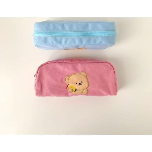 Cartoon Cute Bear Embroidery Pencil Bag Canvas Pink Blue Large Capacity Kawaii School Supplies Student Stationery Storage Bag