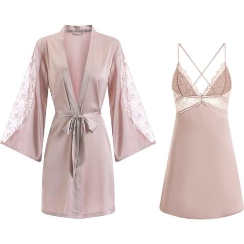 Sexy Lace Bride Wedding Robes Set Women Silky Satin Sleepwear Nightgown Casual Soft Kimono Bathrobe Gown Perspective Nightwear