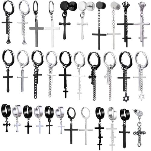 Punk Black Cross Stainless Steel Hoop Earrings For Women Men Fashion Vintage Chain Pendants Hip Hop Jewelry Earrings Wholesale