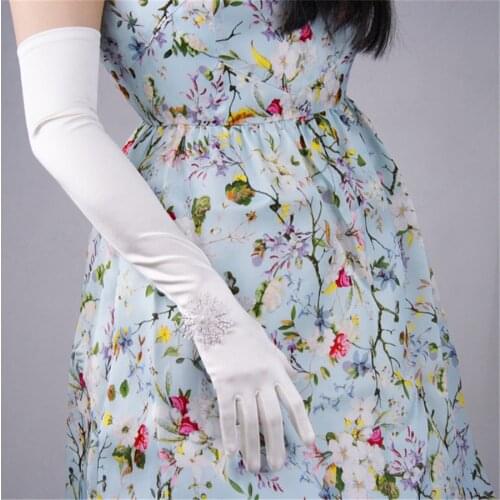 Silk Gloves 58cm Elastic Silk Satin White Beige Pearl Color Super Long Elbow Female Models SCM58