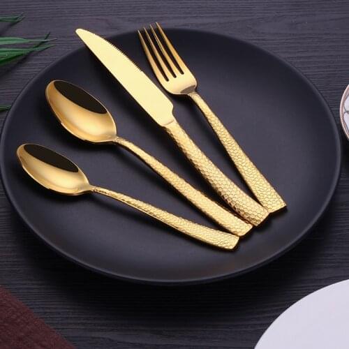 Gold Plated Cutlery 24pcs Stainless Steel Knives Forks Spoons Dinnerware Sets Cubiertos Dinner Set Servies 6 Person