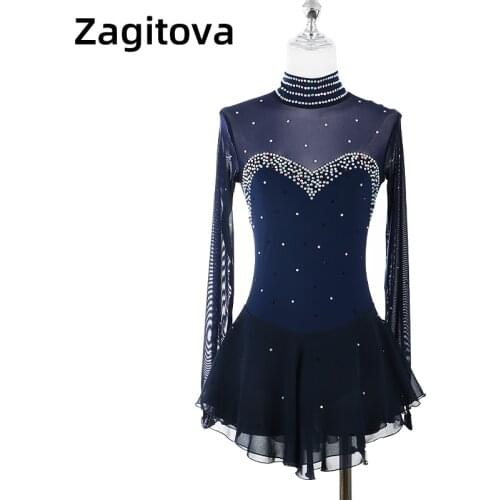 Navy Blue Red Figure Skating Dress For Women And Girls Long Sleeve Ice Figure Skating Clothes With Rhinestones