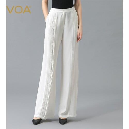 VOA Silk 30m/m Milk White Trousers Bump Splicing Drape Single Button Smooth Office Lady Comfortable Wide Leg Pants Women KE577