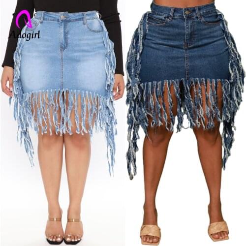 Ripped Distressed Women Denim Skirts 2021 Autumn Highstreet Side Tassel Bodycon Bottom Sexy Club Party Zipper Fly Active Outfits