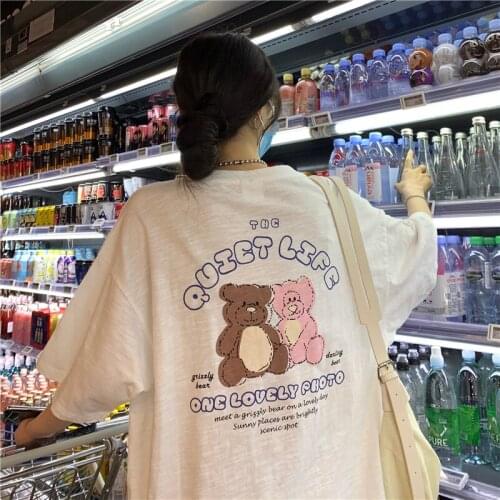 Womens T-shirts Tops Japanese Kawaii Ladies Ulzzang Loose Bear Letter Print Tshirt Female Korean Harajuku Clothes For Women
